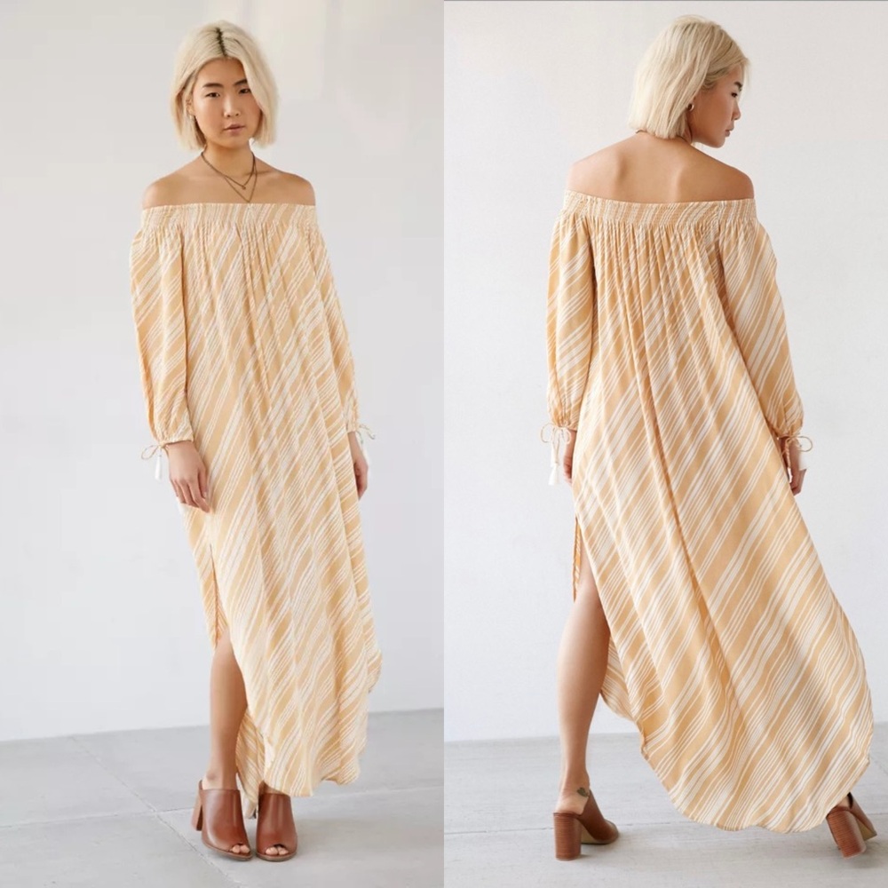 Faithfull‎ the Brand Cecil Off Shoulder Maxi Dress S Yellow Stripe Resort Boho